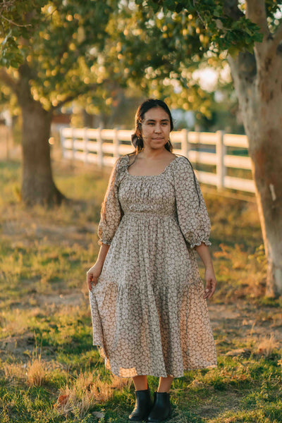 Makelle Dress--brown floral  dahl